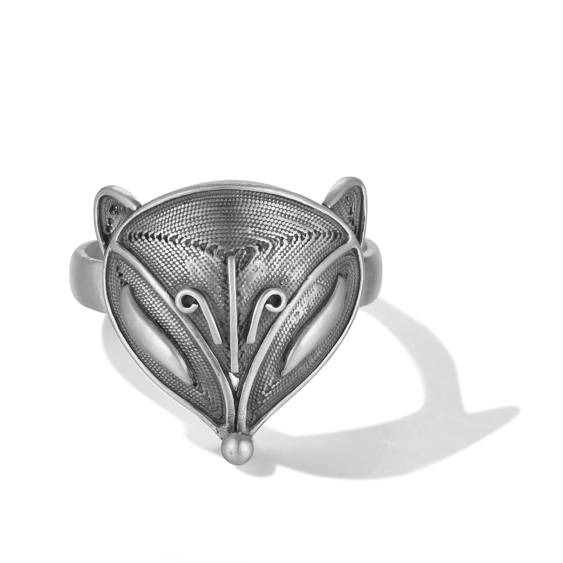 Ebnix Fuli Ring with ornate filigree silverwork surrounding a fox motif, blending cultural symbolism and artisanal detail into one wearable blessing.