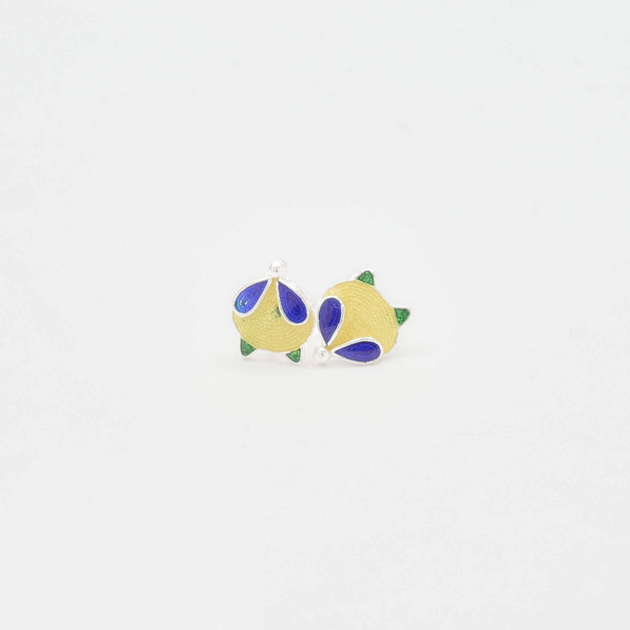 Close-up view of the Ebnix Fox Cloisonné Enamel Stud Earrings, showcasing the intricate filigree and enamel details on a S999 silver base