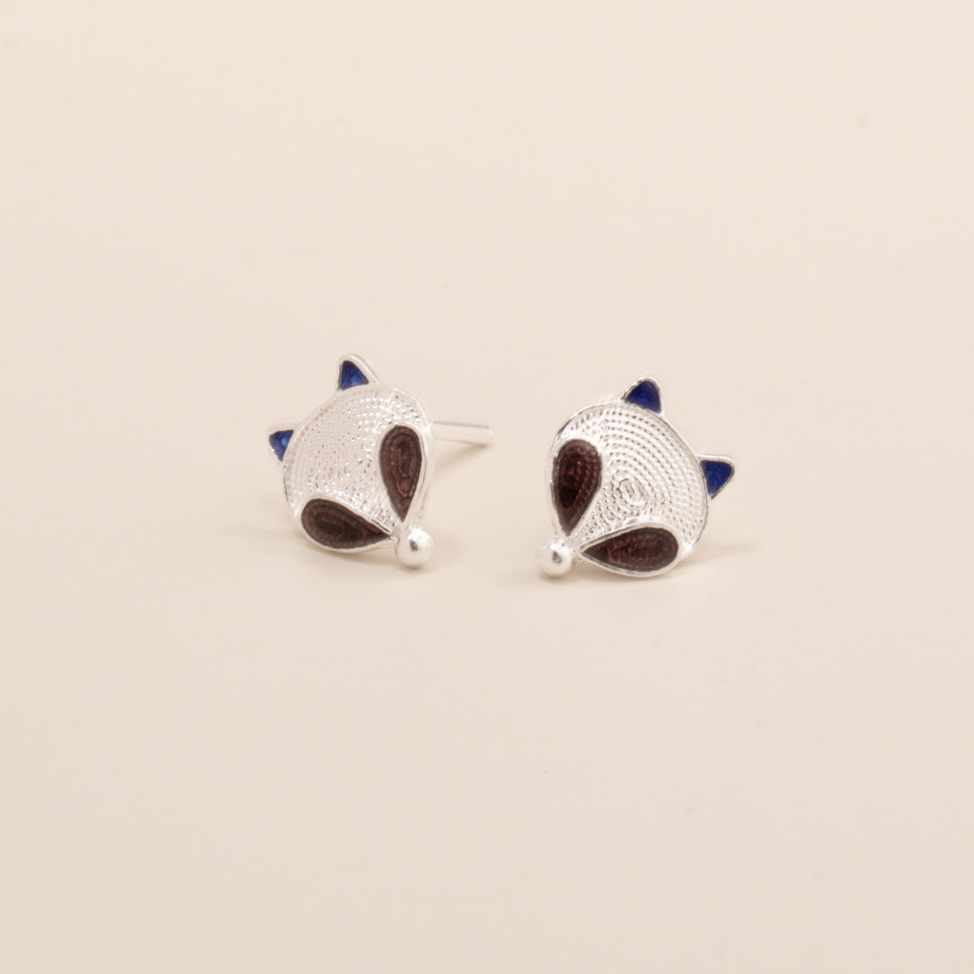 Ebnix Sunny Fox and Moonlit Fox Cloisonné Enamel Stud Earrings side by side, highlighting the playful and artistic designs in S999 silver