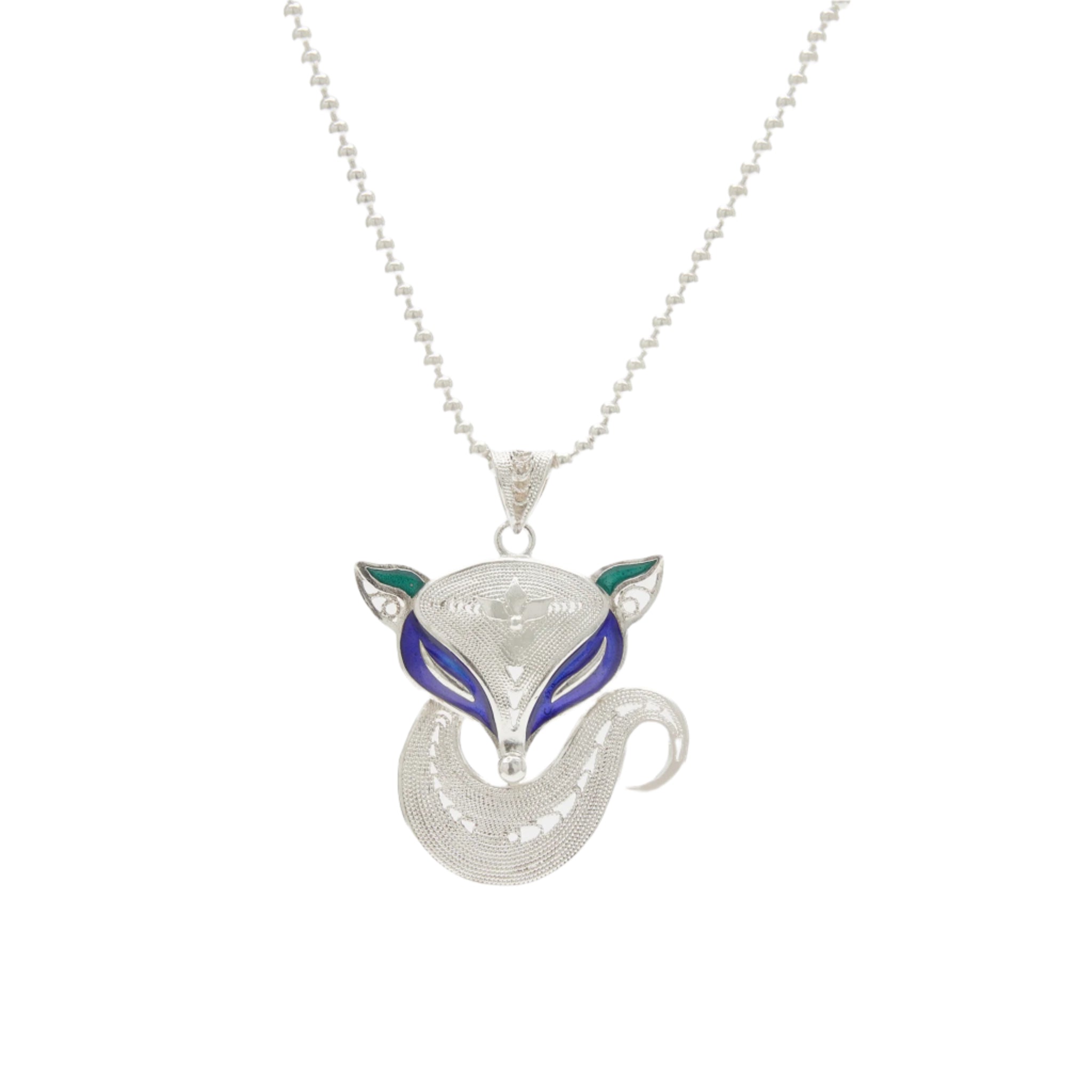 Close-up of the Ebnix fox pendant showcasing intricate Miao filigree detailing in pure 999 silver, capturing traditional Chinese craftsmanship.